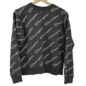 Champion Allover Logo Gray Pullover Sweatshirt Size XL Long Sleeve Soft Top